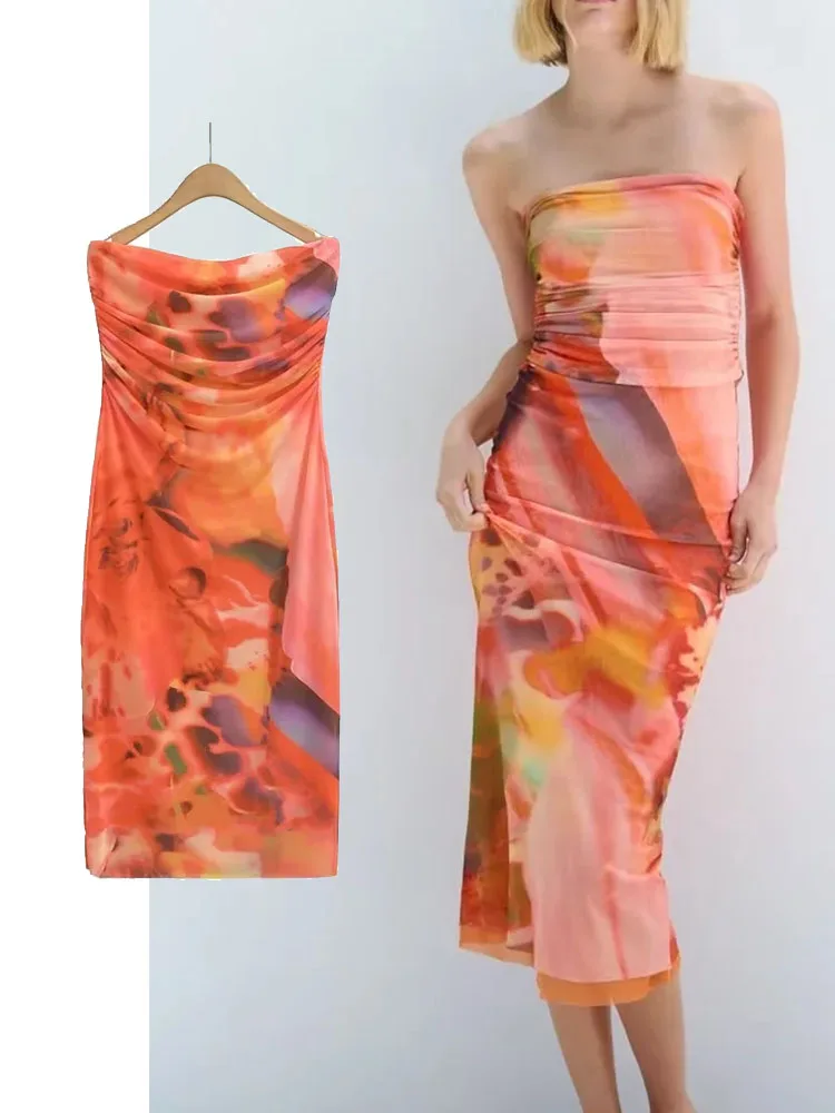 

TRAF Sexy Slim Mini Dress Women 2023 Summer Newest Leisure Vacation Style Female Slash Neck Side Pleated Sexy Long Dress