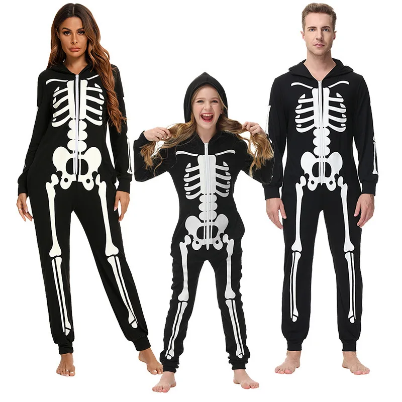 

Fashion Skeleton Print Hooded Jumpsuit Pajama Halloween Family Matching Family Look Father Mother Kids Halloween Costume