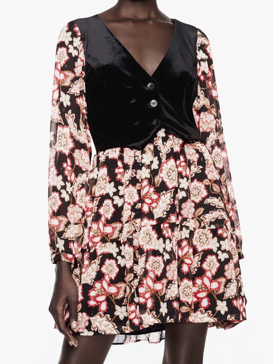 

Flowers Printed Mini Dress Women Long Sleeve V-neck Button Velvet Patchwork A-line Dresses Casual Vintage Dress 2024 Spring New