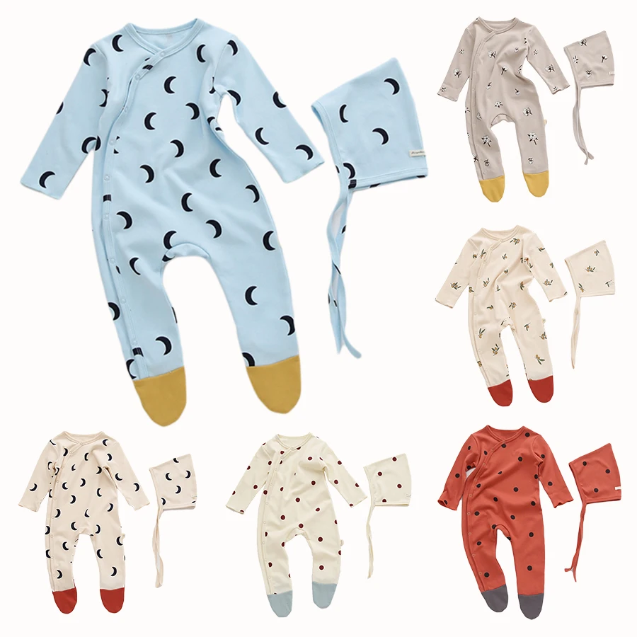 

Spring Autumn Baby Clothes New Born Cotton Footbed Pajamas Baby Boy Girl Long-sleeved Jumpsuit Printed Newborn Romper With Hat