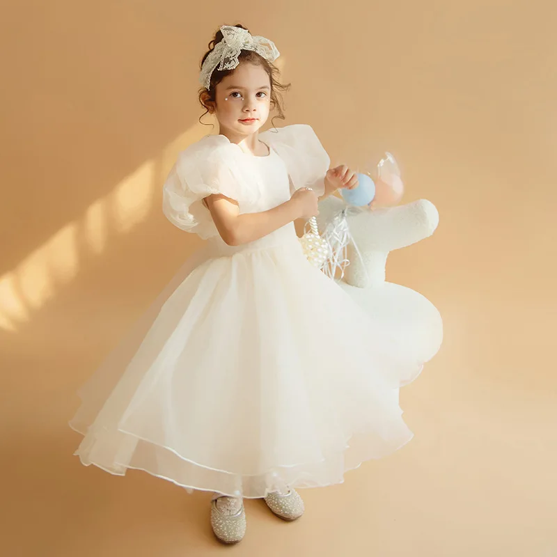 

New girls Evening dress mesh short-sleeved champagne birthday party flower girl princess dress performance dress