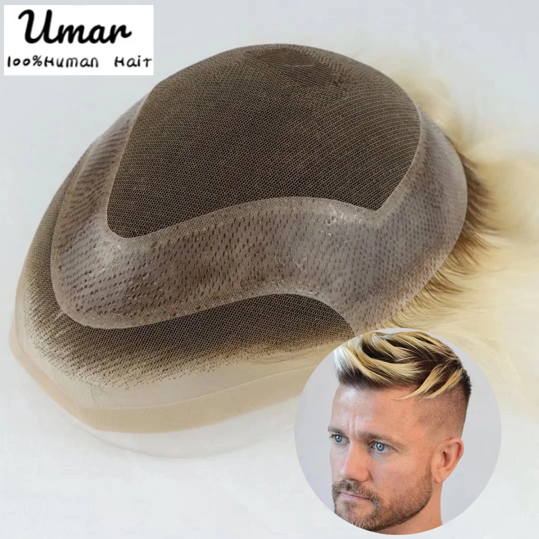 Ombre Blond Toupee For Men Lace And Pu Men'S Toupee Human Hair Lace Front Wig Male Hair Systems Unit Natural Hairline Man Wig