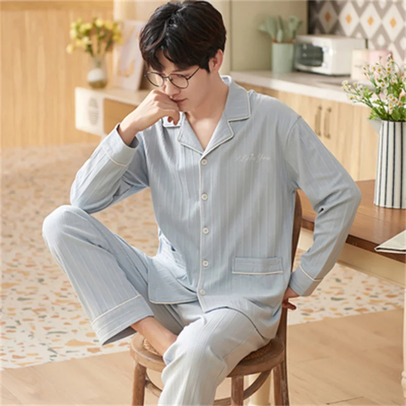 Pajamas Set Casual Cotton Sleepwear For Men Black Elastic Soft Shirt Pyjama Men's Autumn Fashion Homewear Clothes Big Size