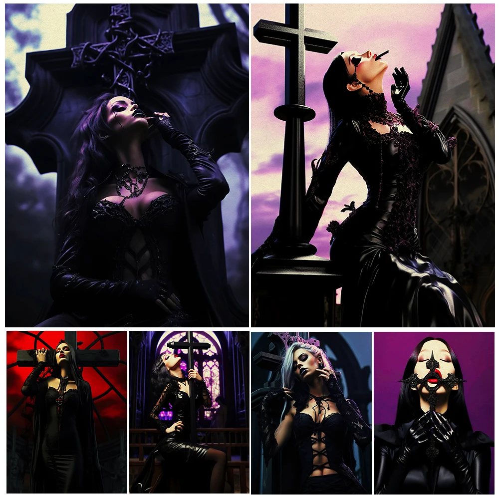 

Gothic Girl In Front Of The Cross Vintage Wall Art Canvas Painting Dark Banshee Gothic Art Poster And Print Home Decoration