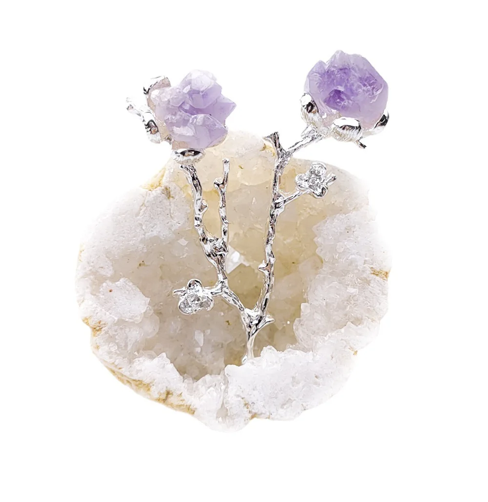 Natural Agate Geode Flower Branch Inlaid With Amethyst Yellow Crystal Tourmaline Small Raw Stone Ornament Soft Decoration Crafts