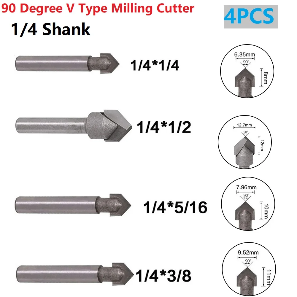 

4pcs 90 Degree V Groove Router Bit Set Hardened Steel 1/4" Shank Woodworking Milling Cutter For Veining Bevelling V Grooving