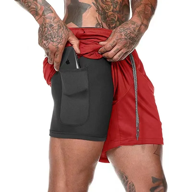 Summer Double Layer Solid Color Tight Shorts Men'S Fitness Training Quick Dry Jogging Pants