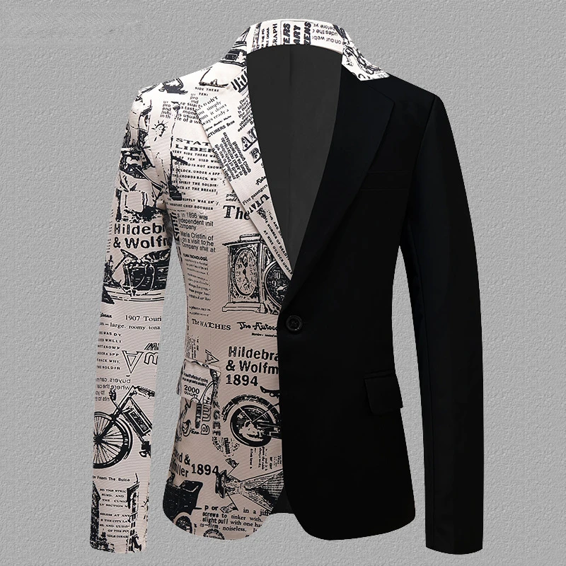

Fashion Newspaper Pattern Patchwork Suit Jacket Men Brand One Button Notched Lapel Blazers Party Prom Casual Costume Homme
