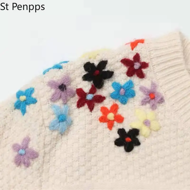 Осенний свитер с вышивкой кардиганы Женский однотонный Повседневный круглым