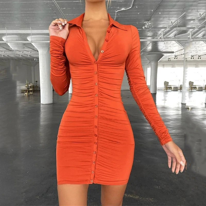 

Autumn Casual Women's Dresses Vintage Bodycon Single-Breasted Dress Simply Ruched Y2K Women's Clothing