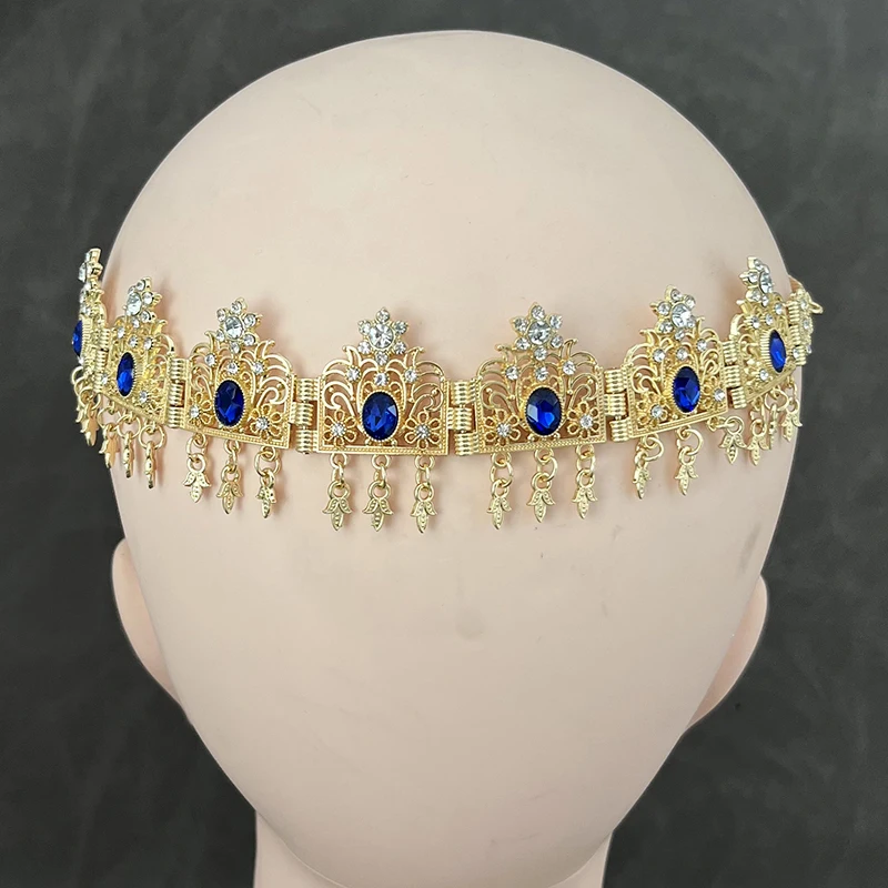 

Algerian Moroccan Bridal Forehead Jewelry Chain Gold Plated Blue Crystal Wedding Hair Accessories Middle East Luxury Hairwear