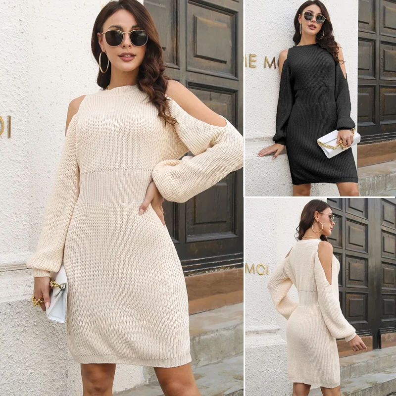 

Sexy Off-the-shoulder Lantern-sleeved Sweater Skirt Women Waist Loose Knitted Dress New Dress Skirt