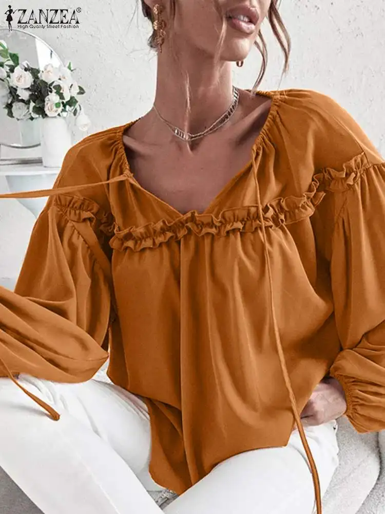

Elegant Women Ruffles Patchwork Shirts Fashion Blouses Casual Loose O Neck Solid Tops Pullover ZANZEA Pleated Long Sleeve Blusas