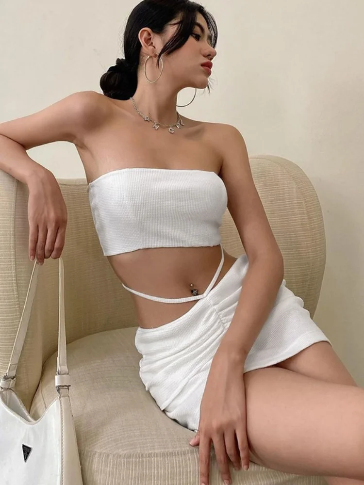 

Sexy Two Piece Sets Y2k One Word Neckline Tube Top and High Waist Skirt 2023 Women Clothing Summer Skirts Sets Fashion