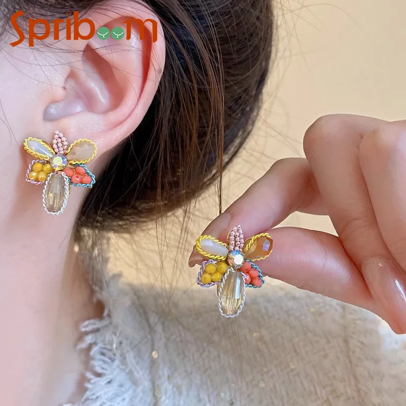 

2023 New Colorful Butterfly Earrings for Women Beaded Crystal Flower Stud Earring Exquisite Girls Jewelry Summer Accessories
