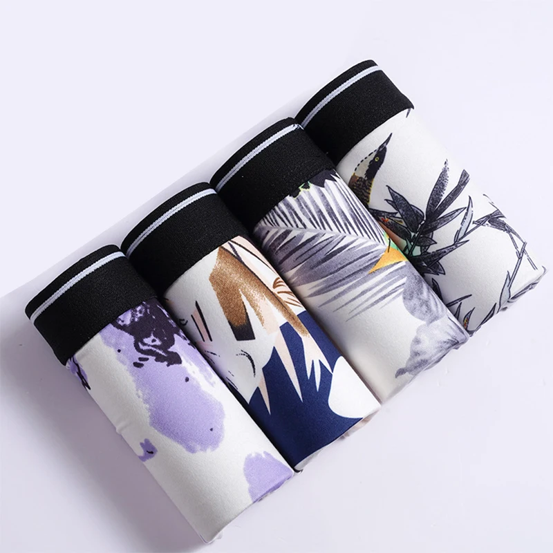 4Pcs Men's Underwear Men Panties Boxershorts Male Ropa Interior Hombre Calzoncillos Breathable Mens Milk Silk Printed Boxers