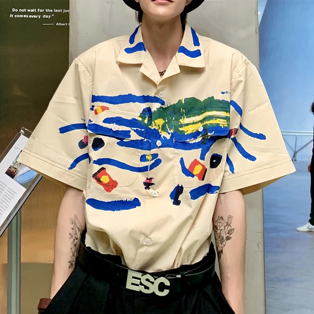 

2022 хип-хоп морской Забавный граффити Гавайская пляжная рубашка для мужчин и женщин оверсайз абрикосовая рубашка на пуговицах кавайные улич...