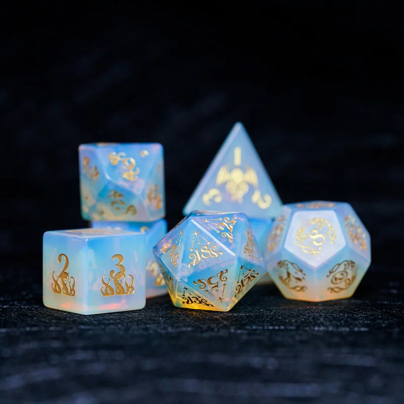 

Opal DnD Dice Set Stone Engraved Cthulhu Star Old Seal Dices RGP COC Run Group Board Game Dice Healing Crystal Reiki Gem Beads