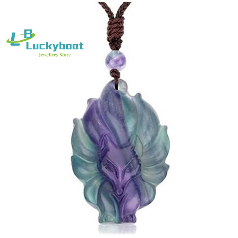

KFT Natural Reiki Fluorite Crystal Colorful Nine Tailed Fox Pendant Hand Carved Stone Pendant Adjustable Rope Chain Necklace
