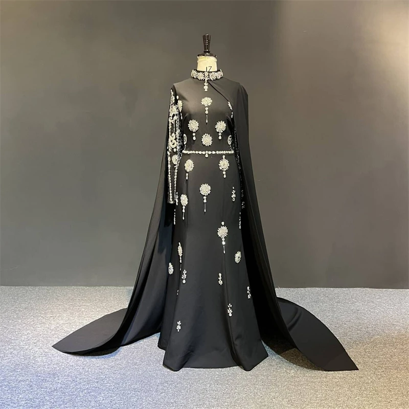 

100%Real Photos فستان سهرة Black Soft Satin High Neck Mermaid Long Cape Formal Prom Party Bridal Evening Dress vestido de noche