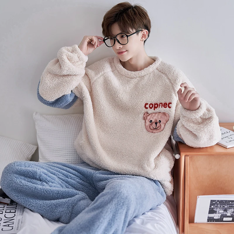 

QUHENG Flannel Warm Sleepwear Men's Thick Pajama Male Thick Long Sleeve Pijama Casual Autumn Winter Pyjamas Men Coral Fleece