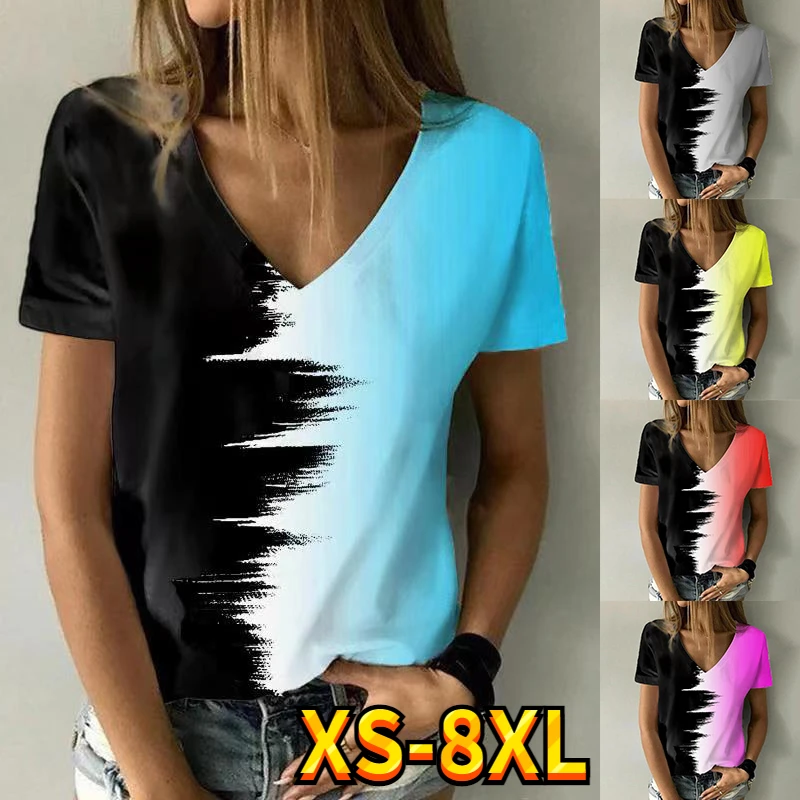 

2022 Women Plus Size Short Sleeves Casual T-shirt 3D Absract Print Oil Painting Shirt Summer V Neck Loose Fashion Pullover New