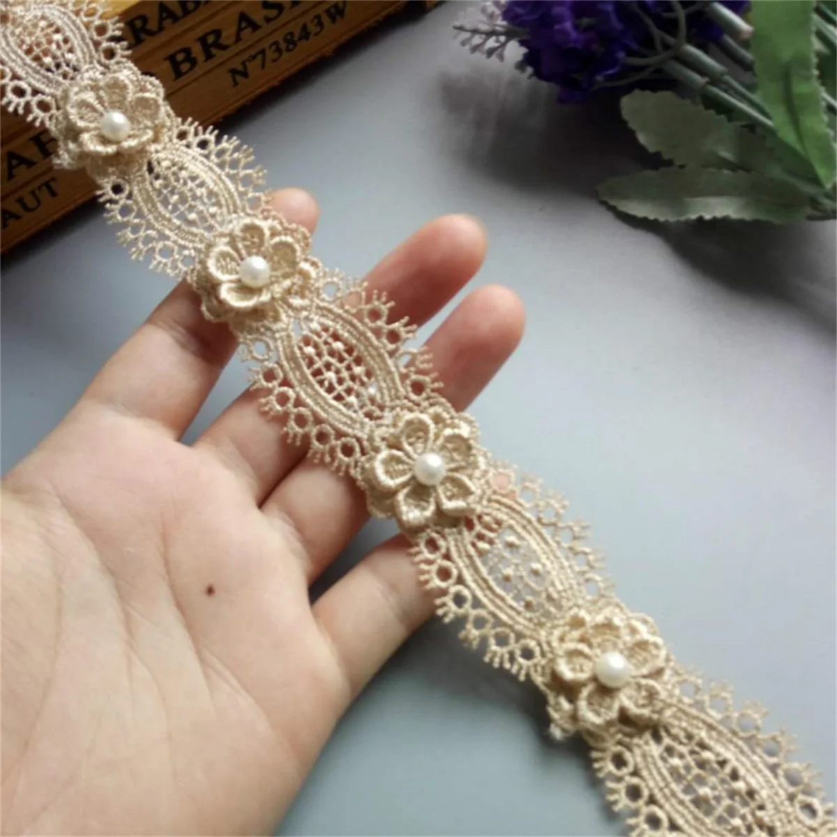 

2 Yard Gold Polyester Pearl Flower Embroidered Fabric Lace Trim Ribbon Handmade DIY Sewing Craft For Costume Hat Decoration