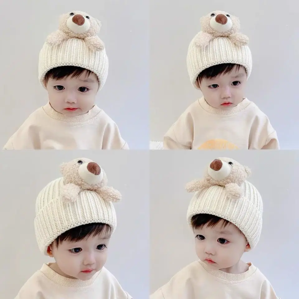 

Детская вязаная шапка, корейский стиль, весна-осень-зима, детская шапка для мальчиков, яркие цвета, для маленьких мальчиков, вязаная детская шапка с вышивкой головы медведя