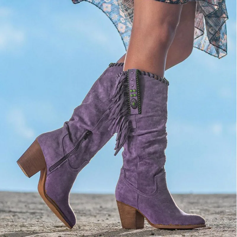 

Women's Vintage Pointed Toe Boots New Fashion High Heel Thick Heel Retro Round Toe Frosted High Tassels Women's Knee High Boots