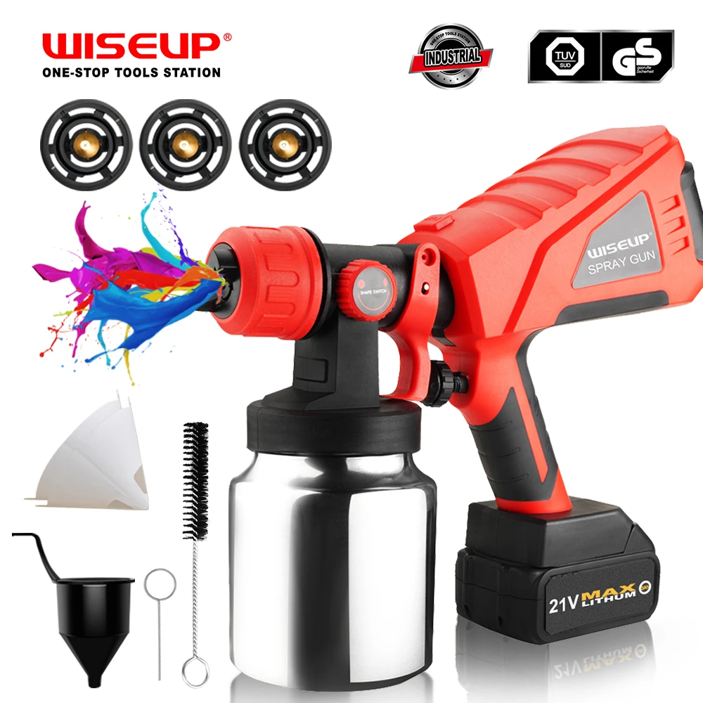 WISEUP 1000ML Electric Cordless Paint Spray Gun Portable Household Steel Coating Air Brush for Makita 21V Battery