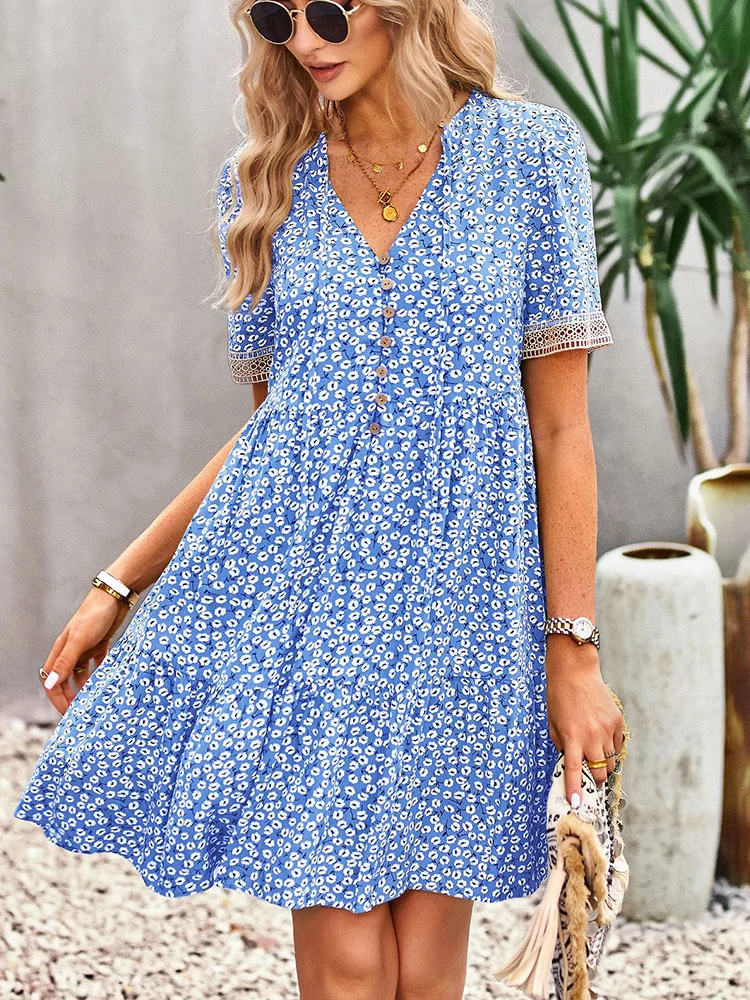 

Quality Blue Floral Viscose Dress for Women 2023 New Summer Elegant Short Sleeve Vacation Home Dress with Lining Free Shipping