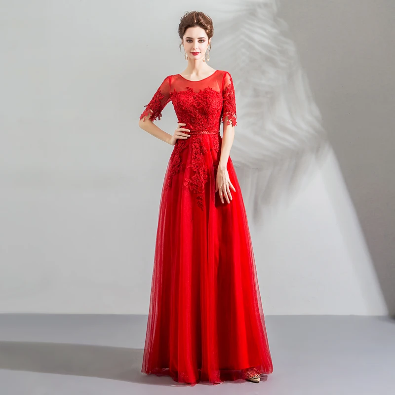 

Evening Dress Red Embroidery O-Neck Half Sleeves Backless Floor-Length Elegant A-Line Lace Up Plus Size Women Formal Gowns TS064