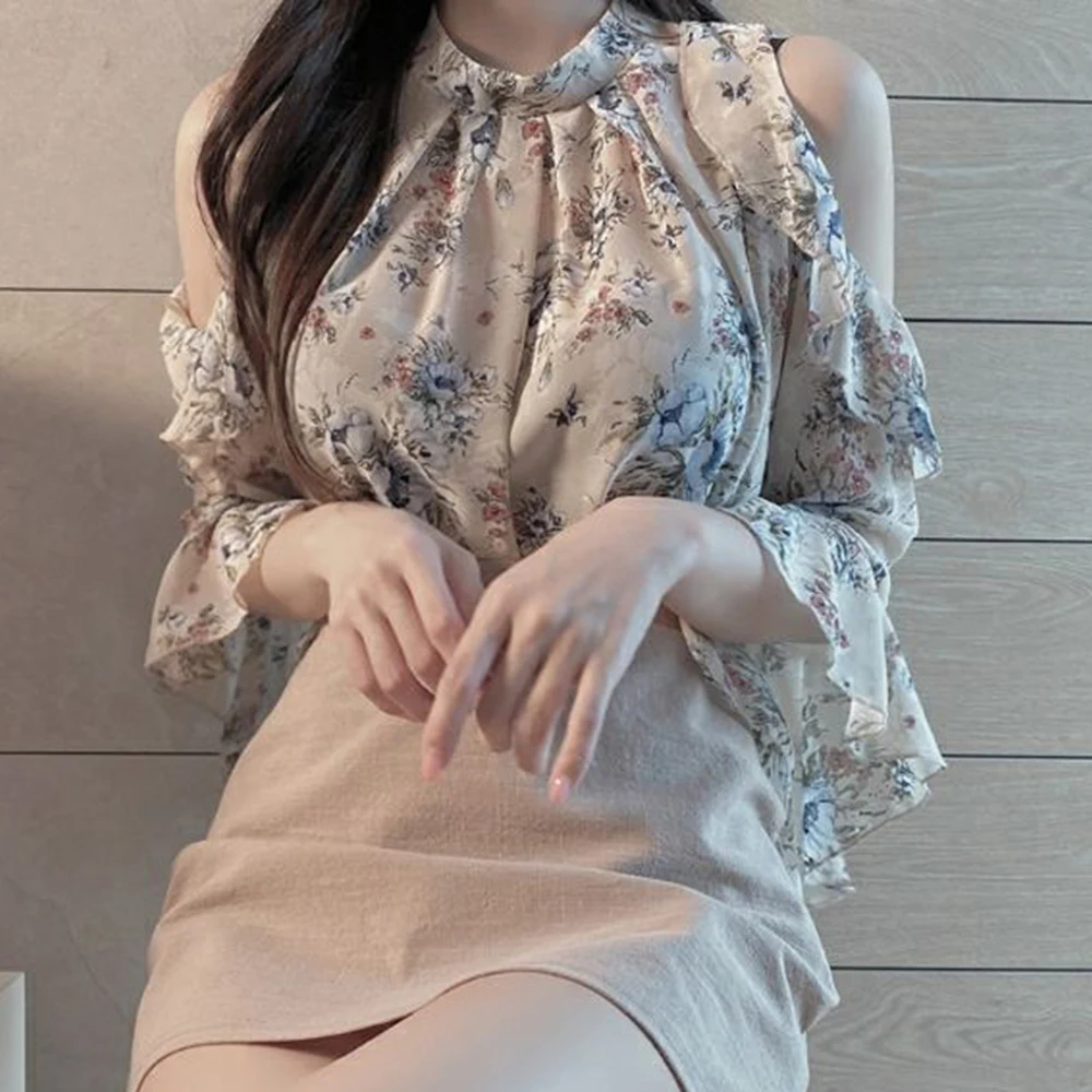 

Spring Summer Off Shoulder Flare Sleeve OL Chiffon Blouse Shirt Lady Retro Floral Print Halter Loose Ruffle Blusas Mujer De Moda