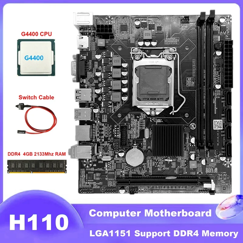 

H110 Computer Motherboard LGA1151 Supports Celeron G3900 G3930 Series CPU+G4400 CPU+DDR4 4GB 2133Mhz RAM+Switch Cable