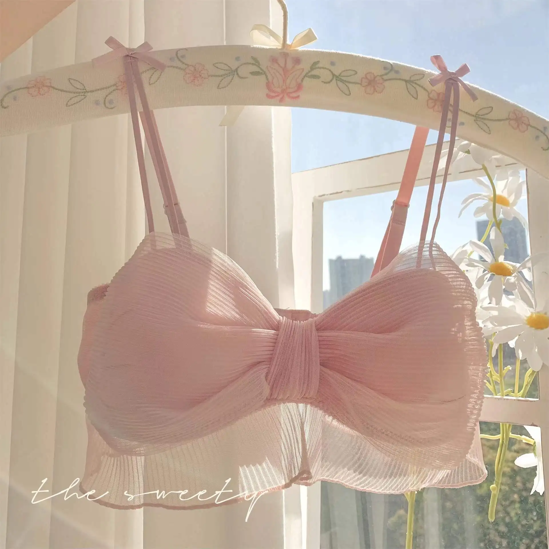 

Fairy Mesh Big Bow Gathered Sexy Women's Bra Set Comfortable Cute Push Up Bra Summer Sweet Lovely Sexy Transparent Underwear
