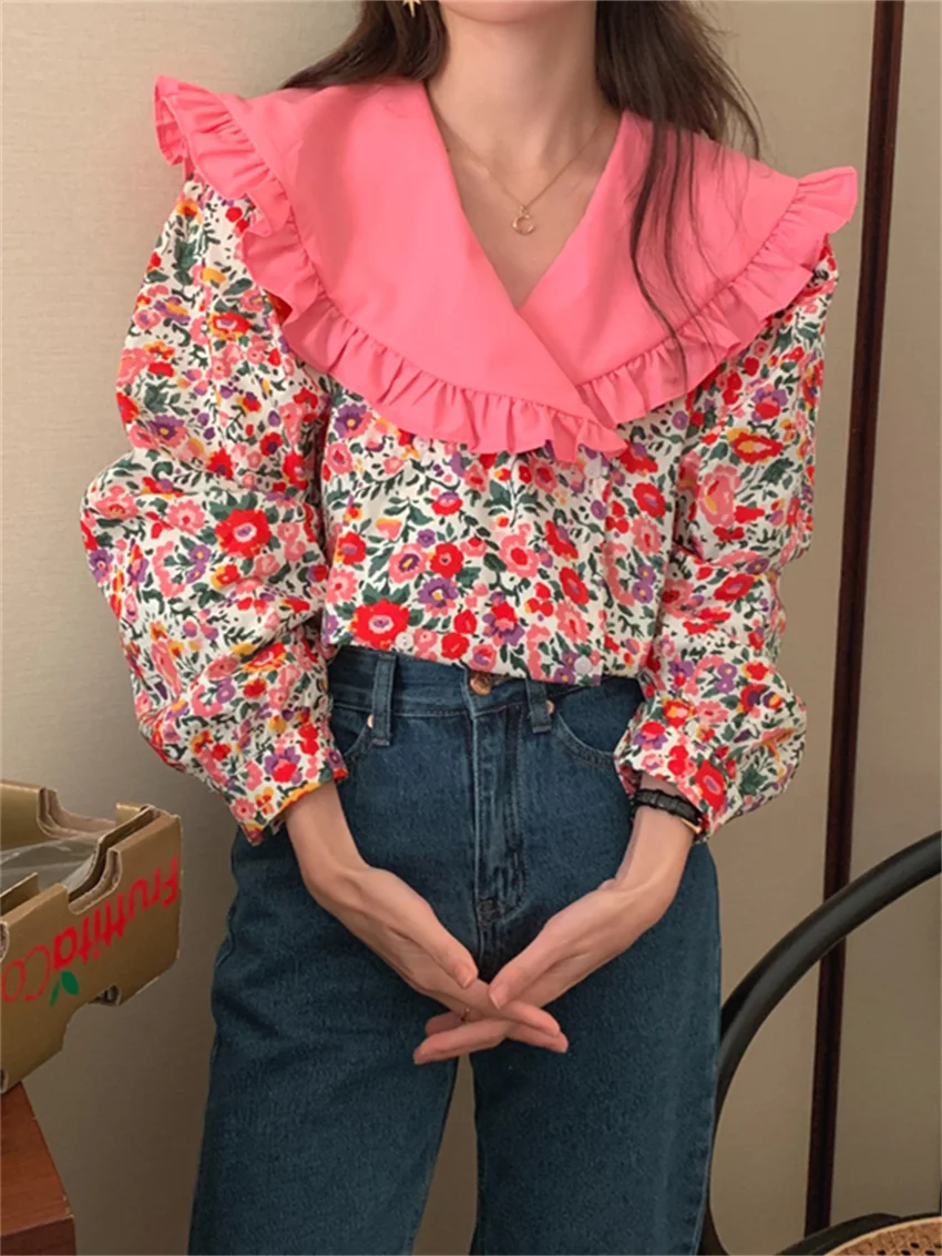 

Alien Kitty Oversize Sweet Loose Women Shirts Florals Ruffles Peter Pan Collar Fashion Puff Sleeves Spring Office Lady New Tops
