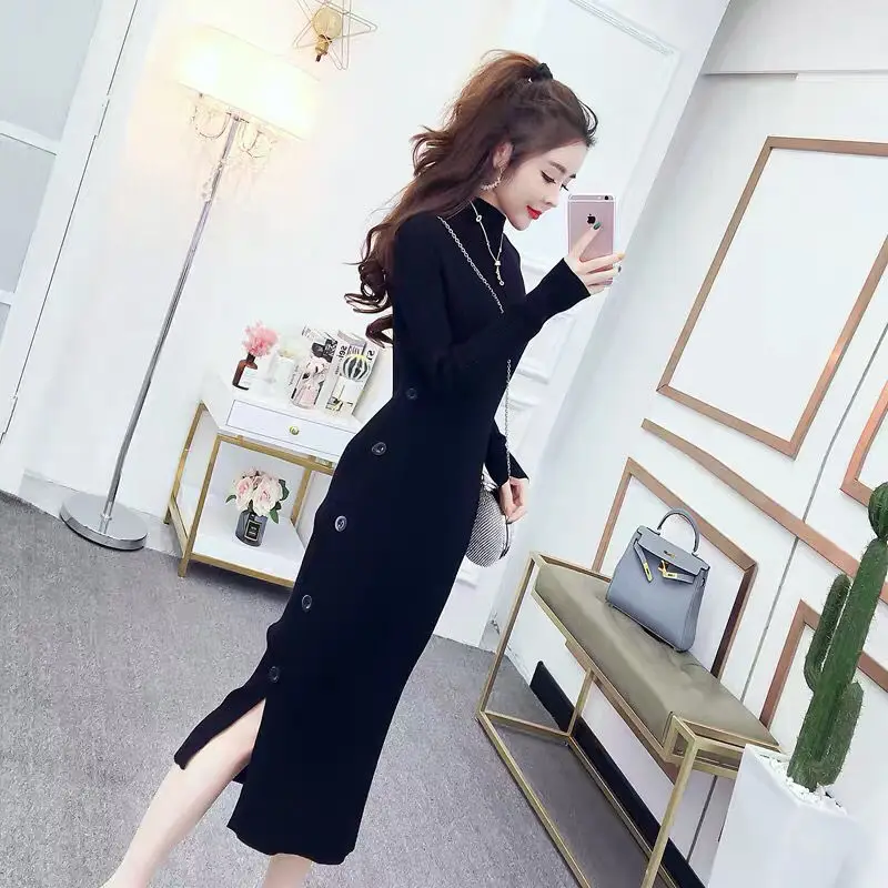 

Женское Элегантное трикотажное платье-свитер, женское облегающее платье средней длины с длинным рукавом, вечерние платья, женские однотонн...