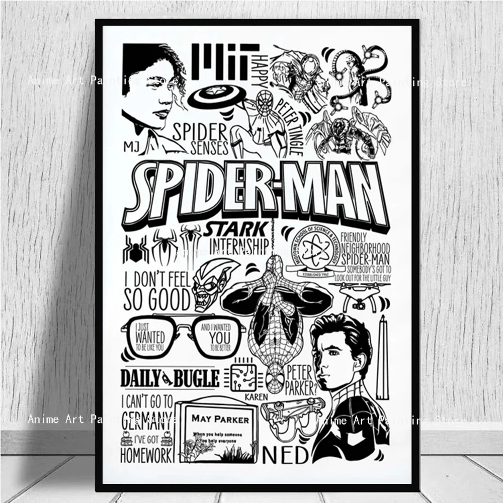 

Marvel Avengers Canvas Paintings Spider-Man Superhero Posters Black and White Print Wall Art Picture for Living Home Decor