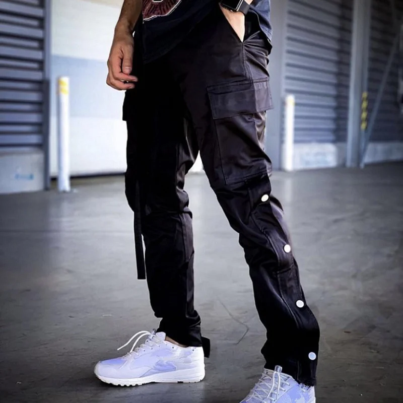 

Black Nylon Snap Cargo Pants Mens Urban Streetwear Punk Hip Hop SweatPants Men Straps Buttons Velcro Strap Closure Trousers
