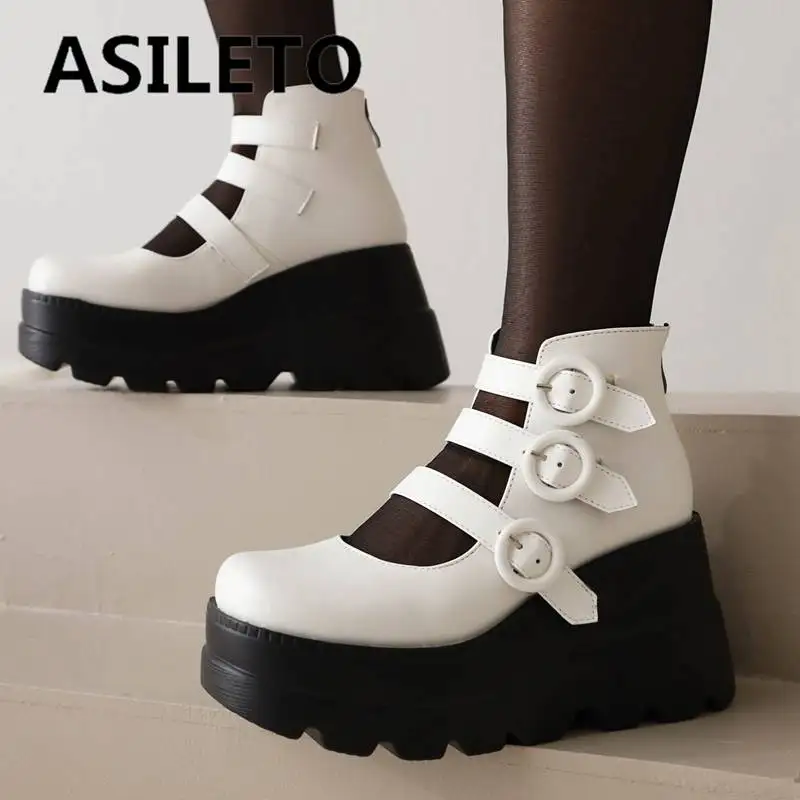 

ASILETO Design Women Pumps Round Toe Wedges 9cm Platform 5cm Zipper Buckle Strap Gothic Casual Female Shoes Plus Size 41 42 43