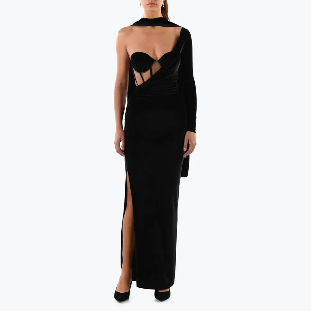 

2023 Sexy Women Black O Neck One Shoulder Long Sleeve Backless Mesh Maxi Cut Out Celebrity Club Evening Party Elegant Dresses