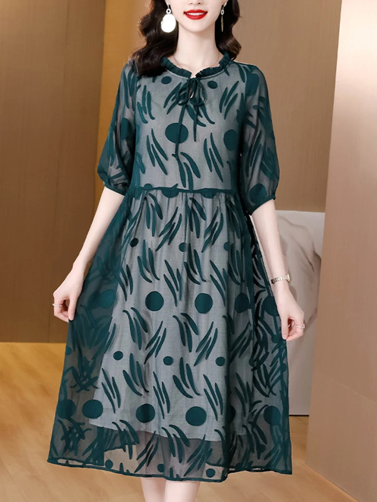 

2022 Print Chiffon Ruffled Collar Midi Dress Women New Boho Light Elegant Casaul Beach Dress Summer Korean Vintage Bodycon Dress