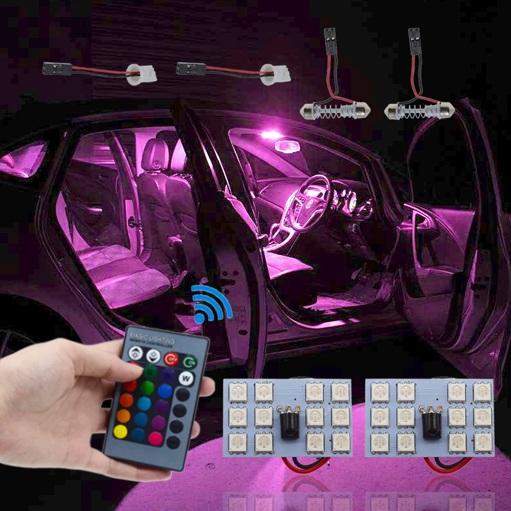 

2pc Car Leds T10 5050 12SMD 15SMD 24SMD 36SMD Remote Control RGB Panel Reading Dome Festoon BA9S Adapter 12V Interior Auto Light