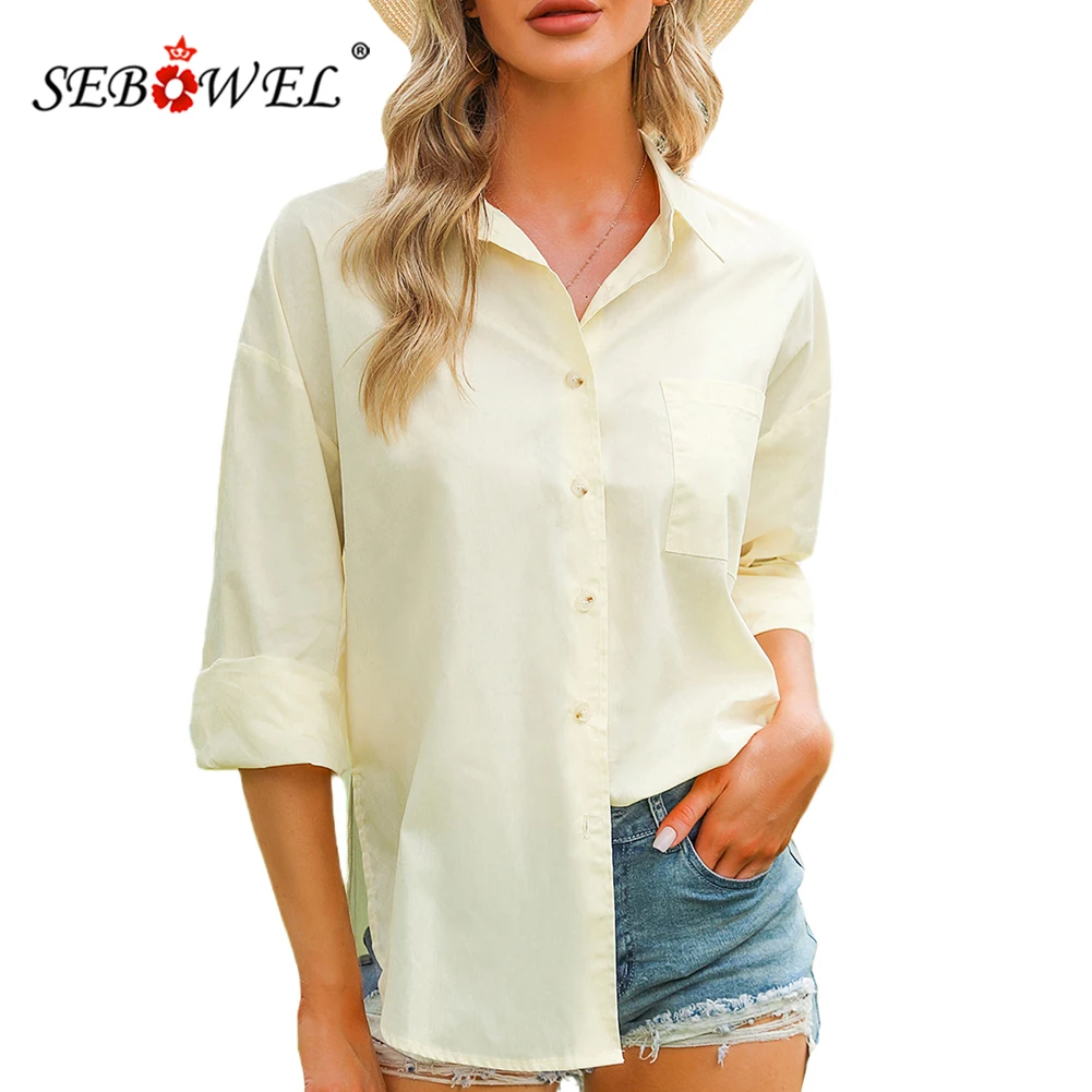 

SEBOWEL 2022 European and American Women's Autumn New Solid Color Lapel Buttoned Loose Shirt Lantern Long-sleeved Shirts