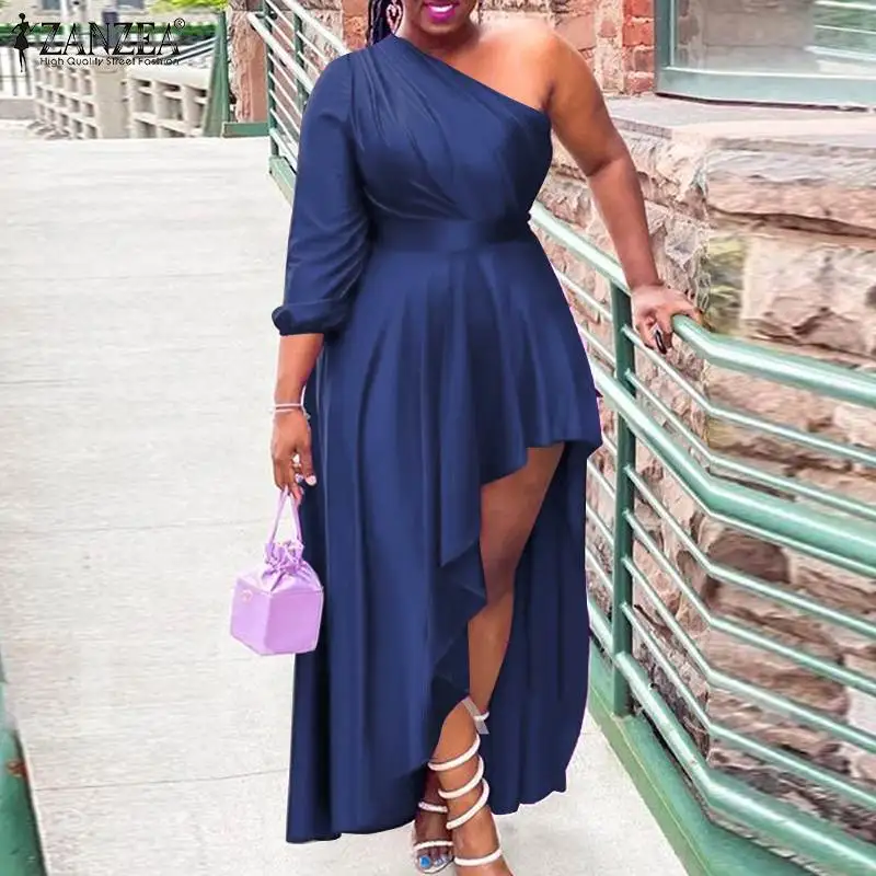 

Autumn Solid Irregular Hem Vestidos Satin Robe ZANZEA Elegant Fashion Women Party Club Sundress Long Sleeve Off Shoulder Dress