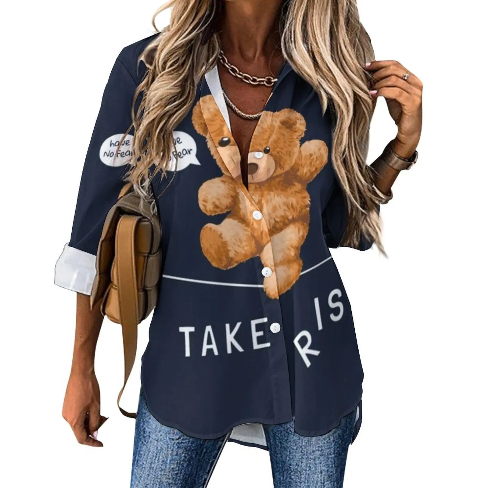 

Bear Toy Walking On String Blouse Have No Fear Take Risk Cool Graphic Casual Blouses Womens Streetwear Shirts Oversize Clothing