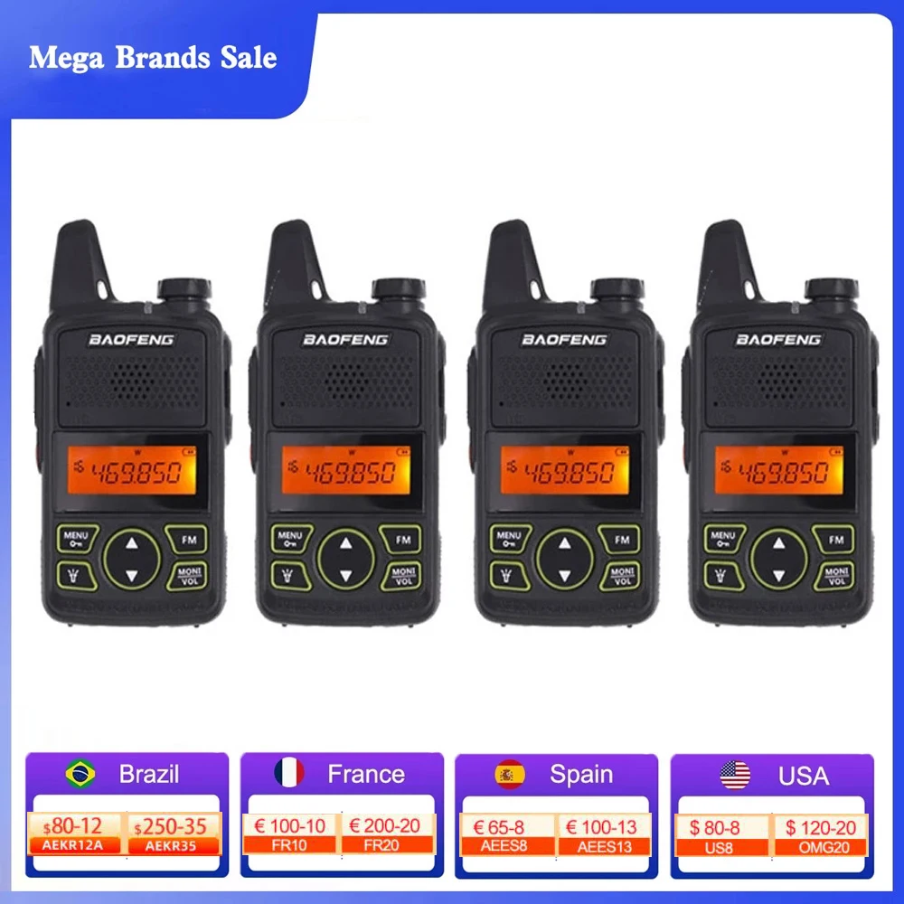 4PCS Mini BAOFENG T1 Portable Two Way Radio BF-T1 UHF 400-470MHz 20 Channels FM Transceiver Walkie Talkie