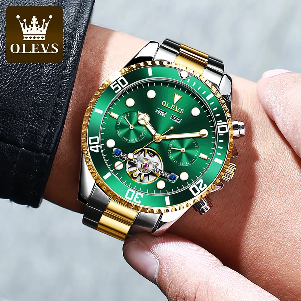 OLEVS Green Water Ghost Machinery Watches For Men Luxury Stainless Steel Waterproof Watch Three eye Multifunctional Wristwatch enlarge