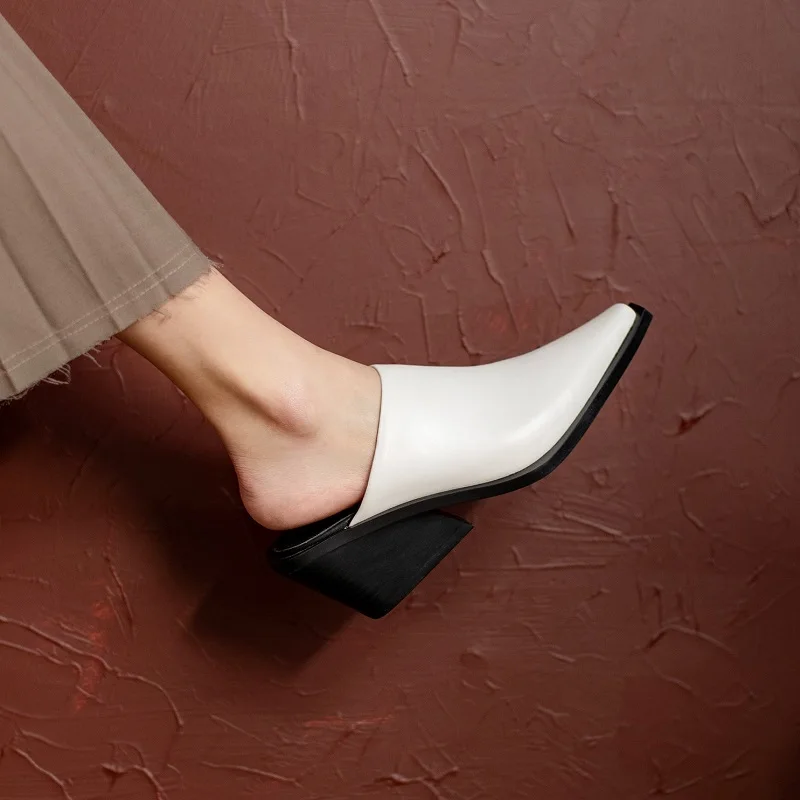 Women Mules Pointed Toe Thick Heels Real Leather Cowhide Pumps European Mullers Women Slip On Outwear Wedge Slippers Size 43