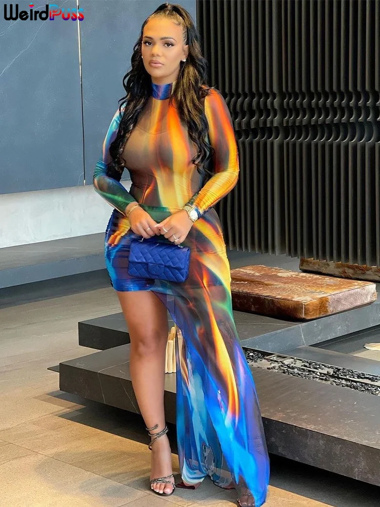 

Необычное женское платье-макси с красочным принтом, Облегающая водолазка с рюшами, элегантное облегающее платье с длинным рукавом для банк...